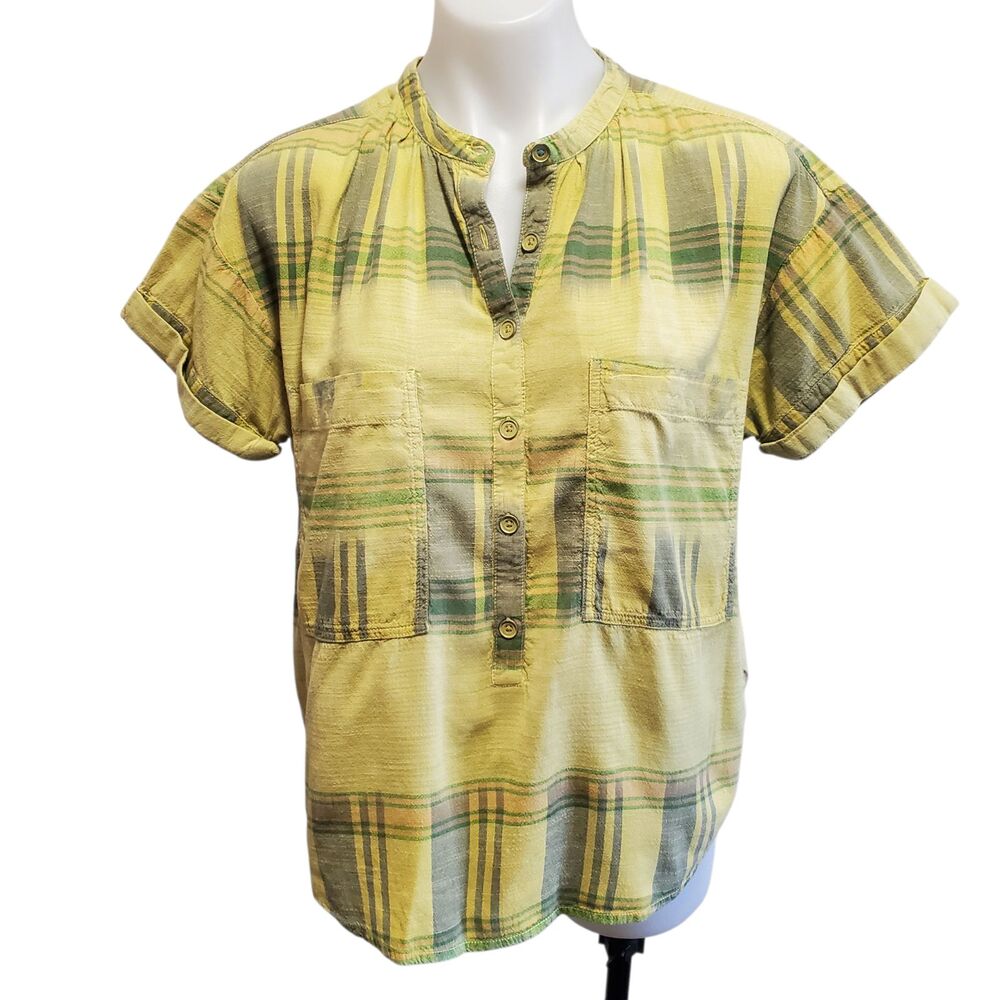 Anthropologie Pilcro The Hannah Green Yellow Plaid Surf Shirt Beach Boho Med